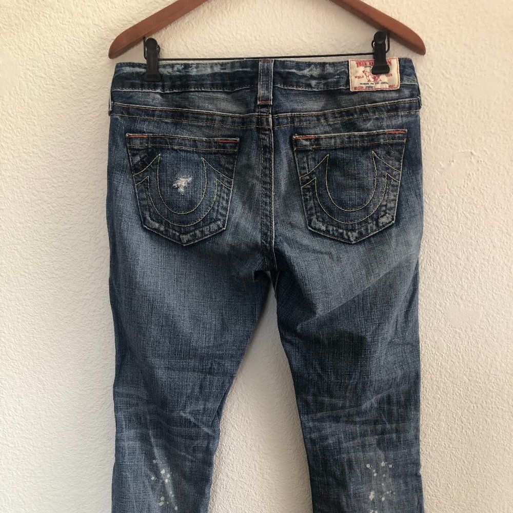 TRUE RELIGION Johnny Distressed Bleached Raw Hem Mid-Rise Jeans 30 x 25